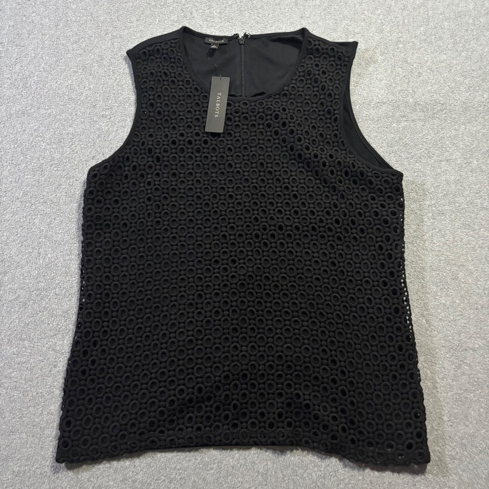 NWT Talbots Sleeveless Shell Women's Large Black Crochet Lace Eyelet Top